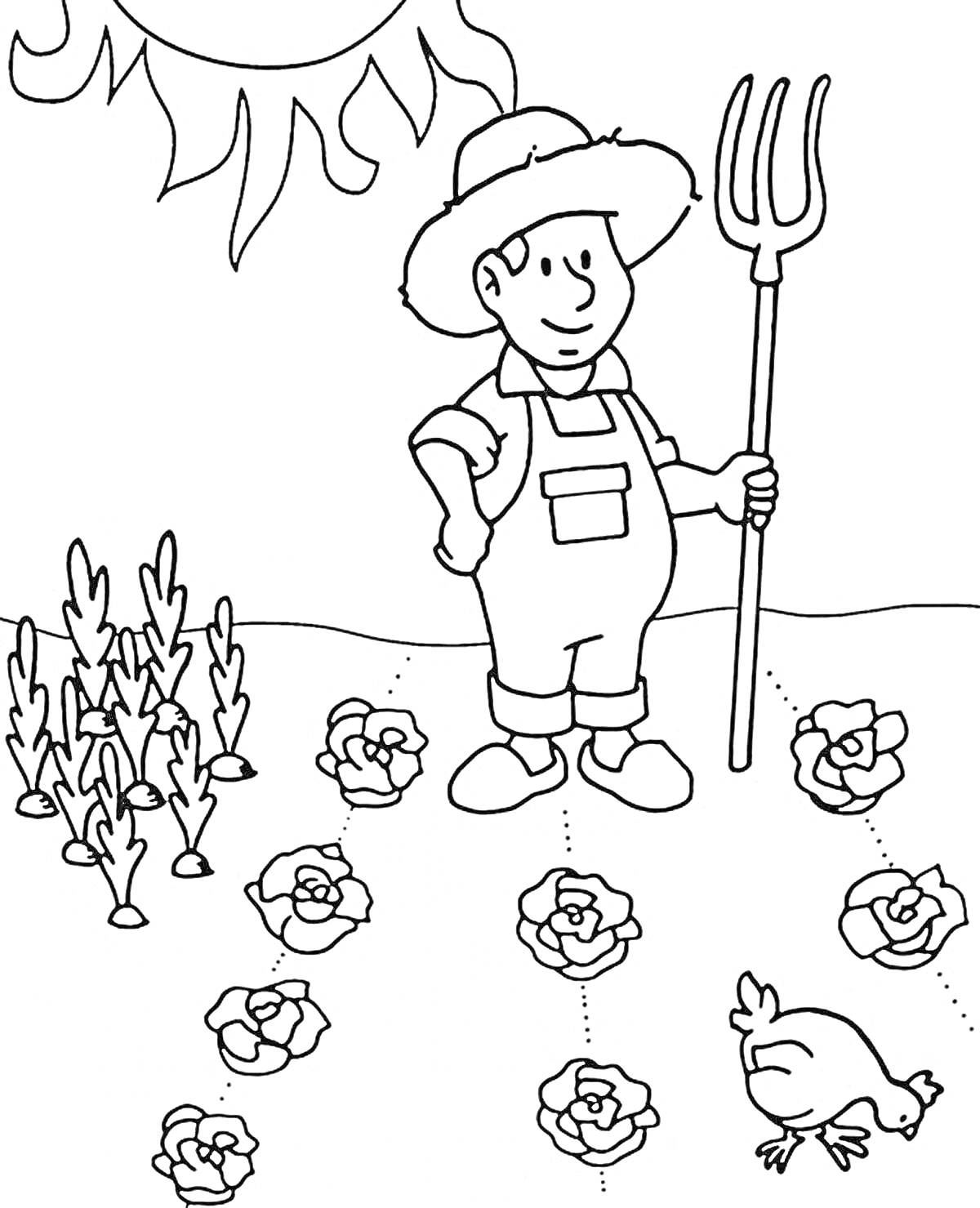 На раскраске изображено: Садовник, Вилы, Солнце, Овощи, Огород, Цветы, Птица