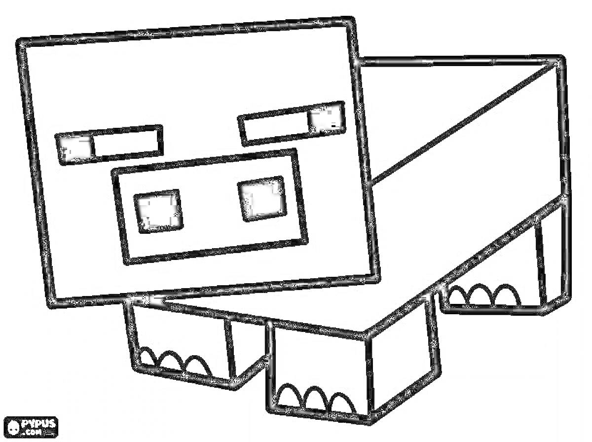 Раскраска Свинка из Майнкрафта с квадратной головой и телом, смотрящая вперед