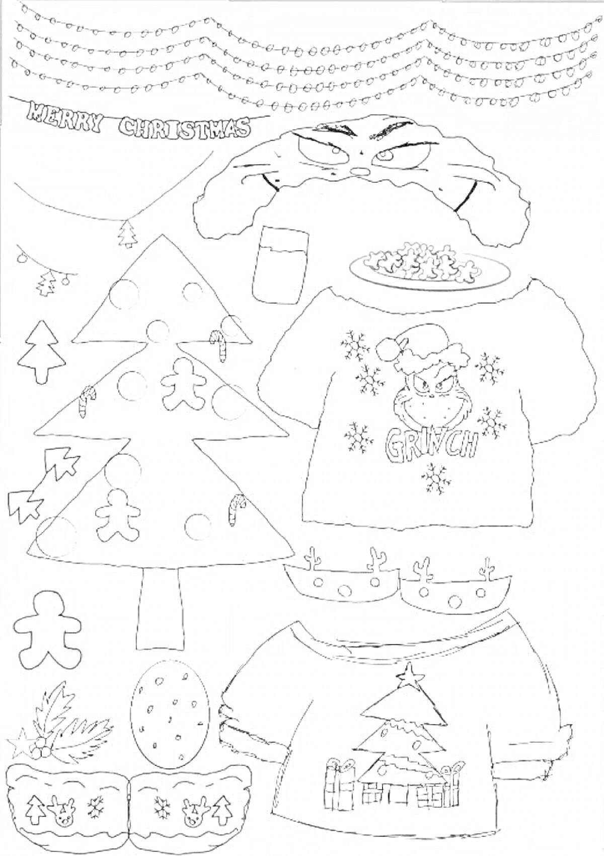 Раскраска уточка Лалафанфан с новогодними украшениями и одеждой