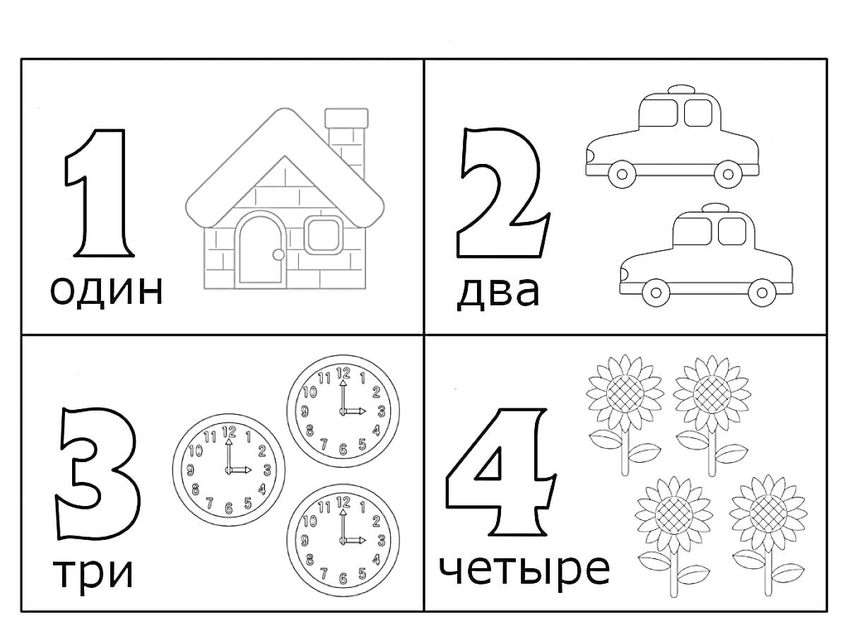 Раскраска цифры с объектами - один дом, два автомобиля, три часы, четыре цветка
