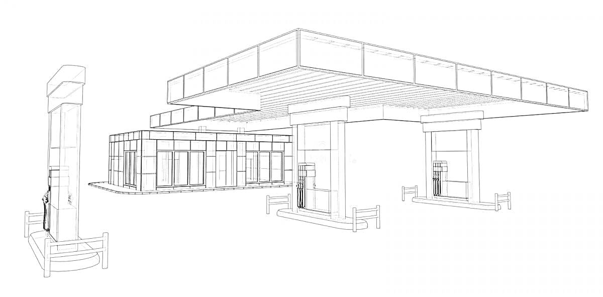 Заправочная станция с навесом и топливными колонками