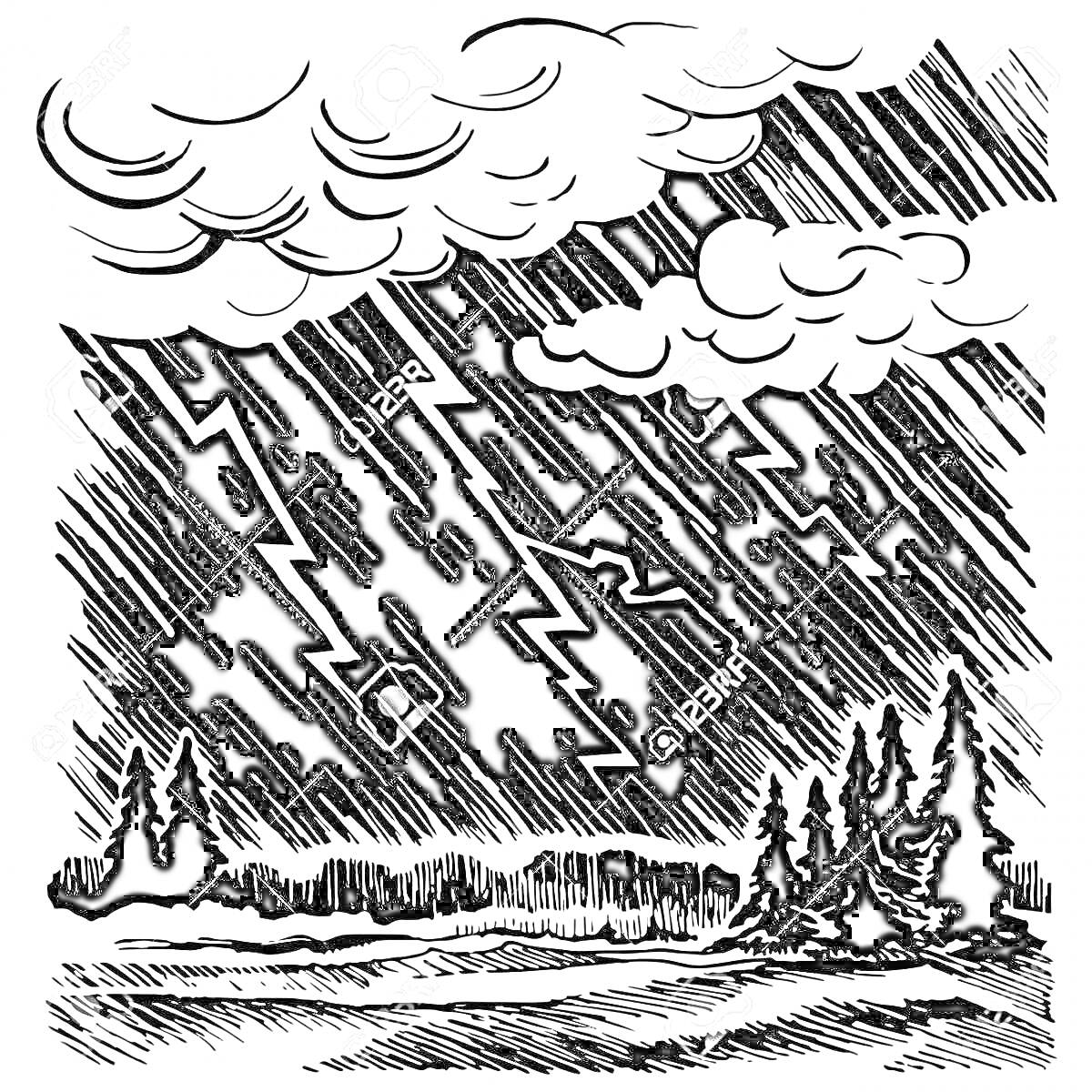 На раскраске изображено: Гроза, Облака, Лес, Дождь, Природа, Непогода