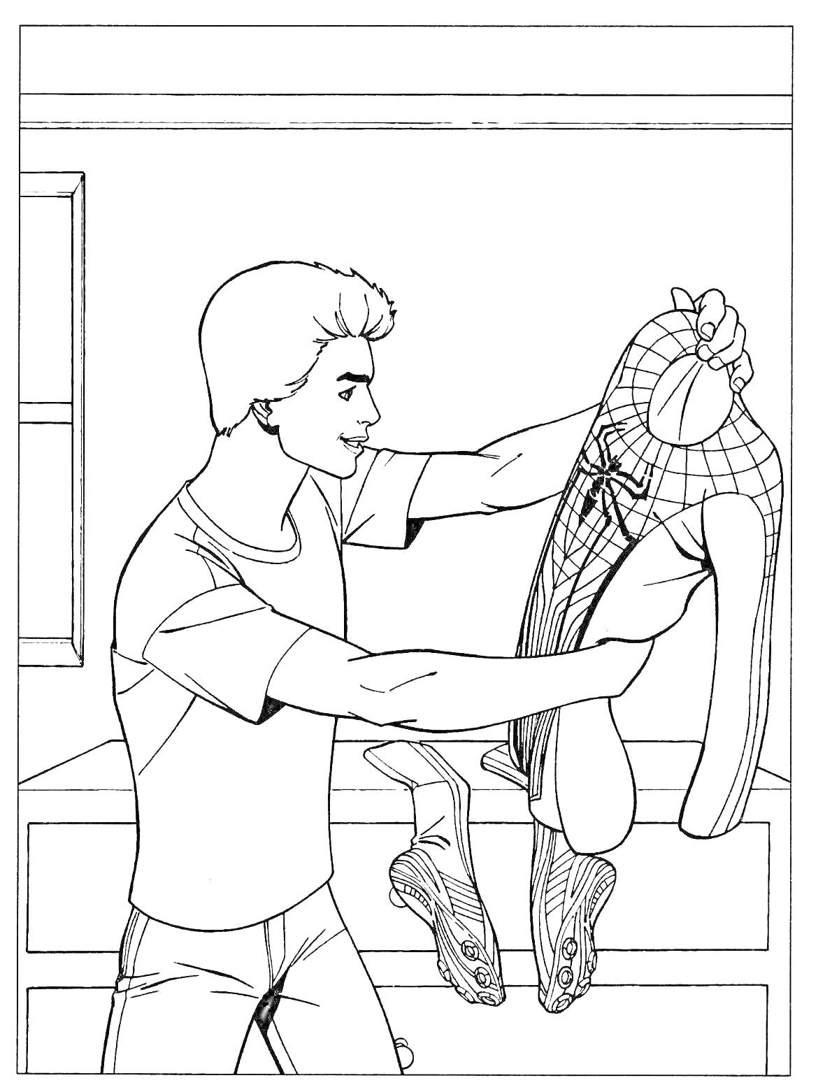 Раскраска Питер Паркер держит костюм Человека-Паука в руках, стоит в комнате возле окна и стола