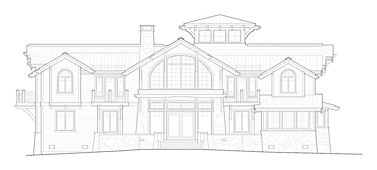Раскраска Фасад дома с каменной отделкой, большими окнами, балконами, граненной крышей и верандой