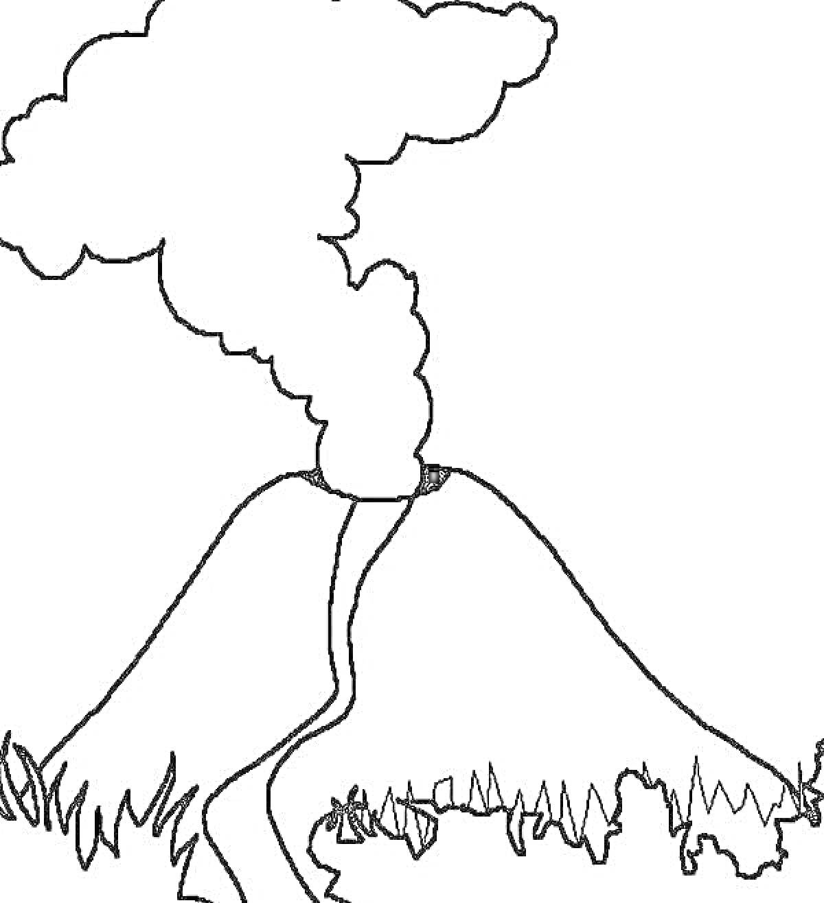 На раскраске изображено: Вулкан, Дым, Извержение, Природа, Лес, Горы