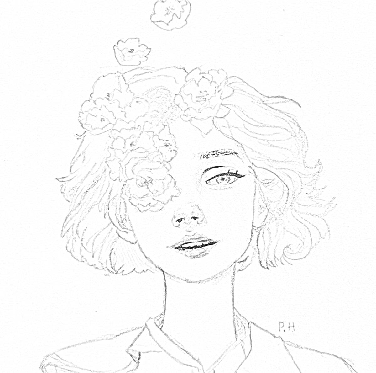 Раскраска Портрет девушки с цветами в волосах