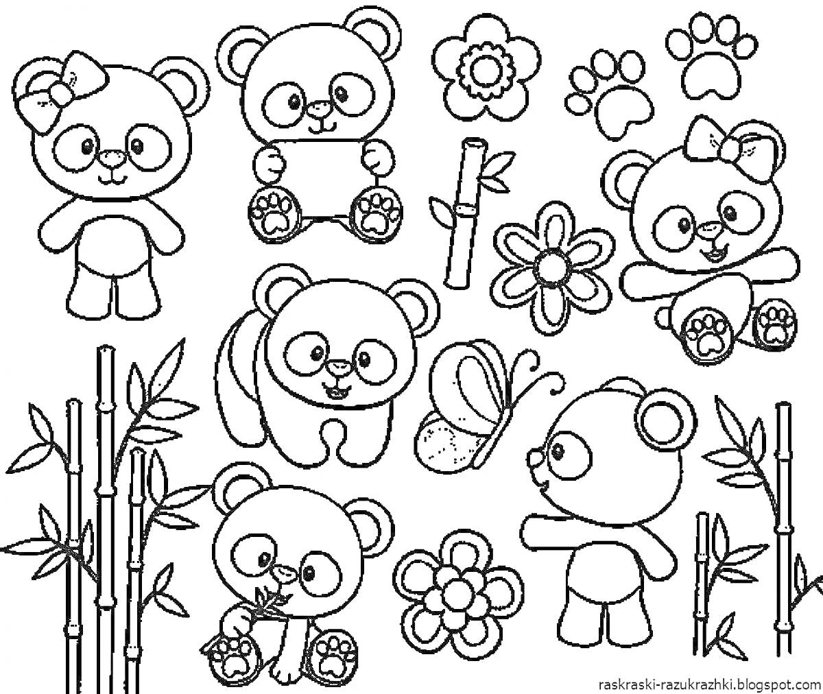 На раскраске изображено: Цветы, Бабочка, Бамбук, Для детей, Природа, Животные, Лапы, Медведь