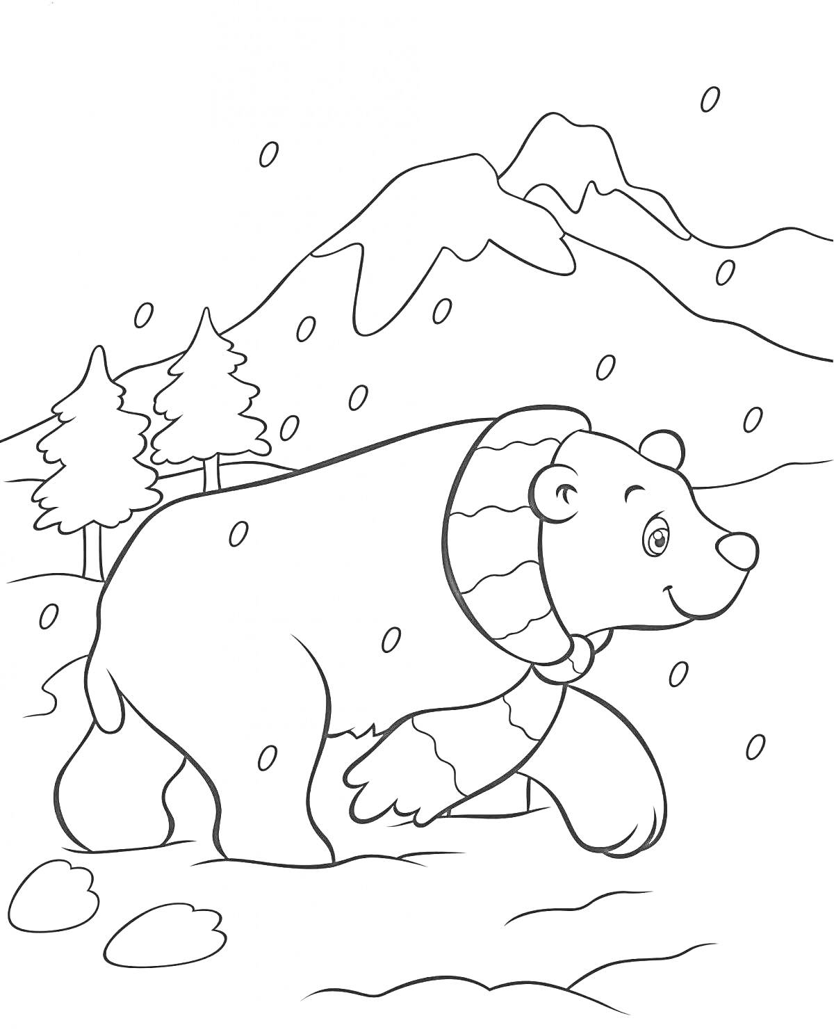 На раскраске изображено: Снег, Деревья, Горы, Шарф, Север, Природа, Растительность, Полярные медведи