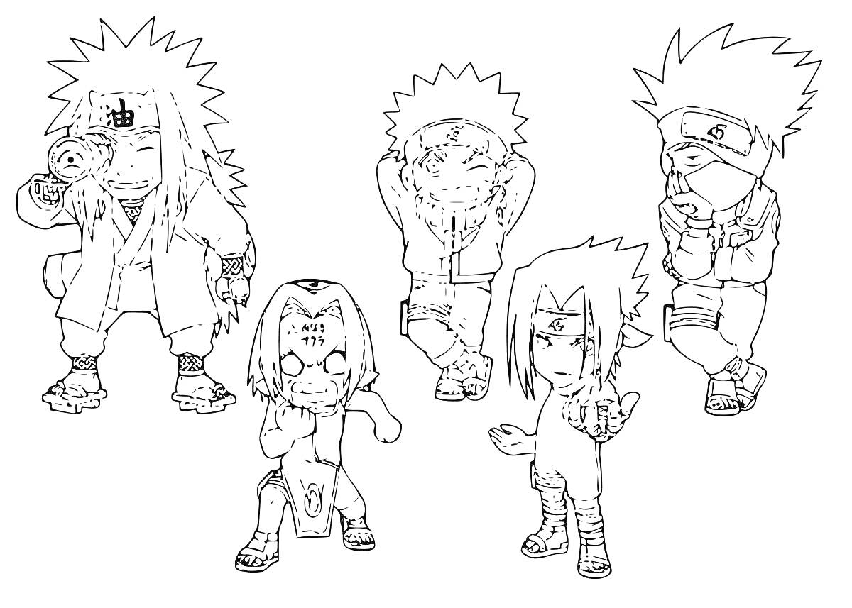 Раскраска Наруто - пять персонажей, Джирайя, Наруто, Саске, Какасси и Сакура в передних позах