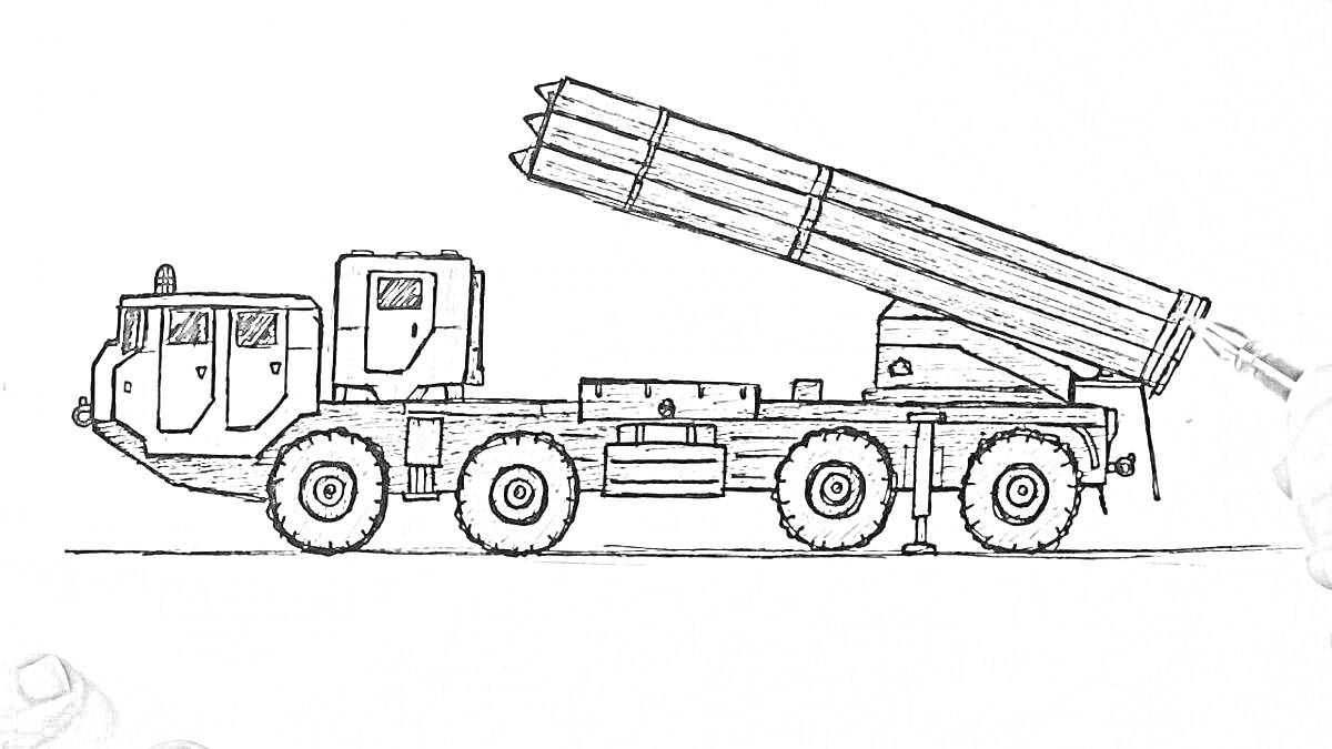 Раскраска Ракетная установка на базе грузового автомобиля, с ракетами, поднятыми вверх и колесами