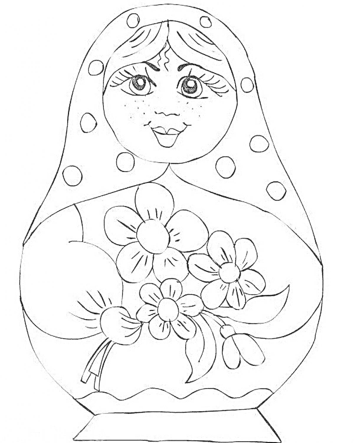 На раскраске изображено: Матрёшка, Цветы, Точки, Кукла, Для детей, 4-5 лет