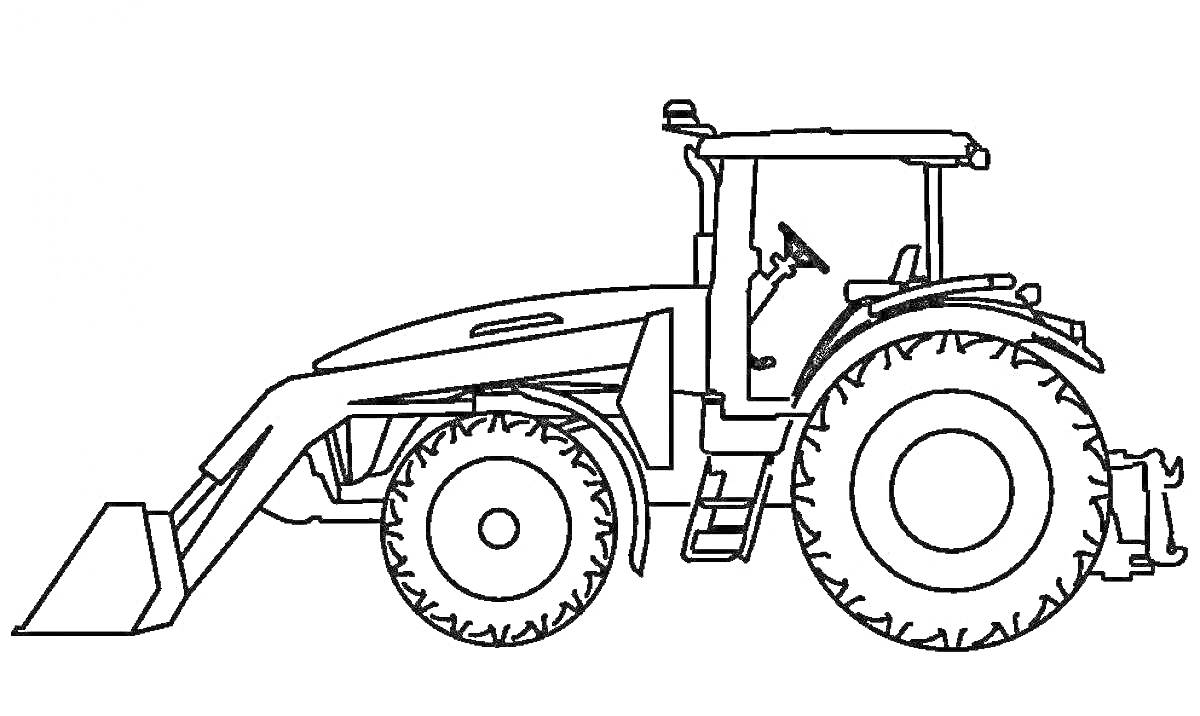 На раскраске изображено: Трактор, Ковш, Большие колеса, Руль, Крыша, Сельскохозяйственная техника, Строительная техника, Транспорт