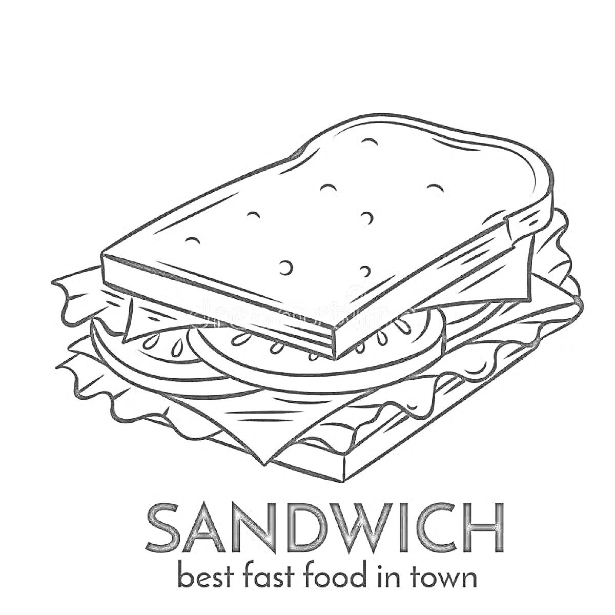 На раскраске изображено: Сэндвич, Хлеб, Салат, Сыр, Еда