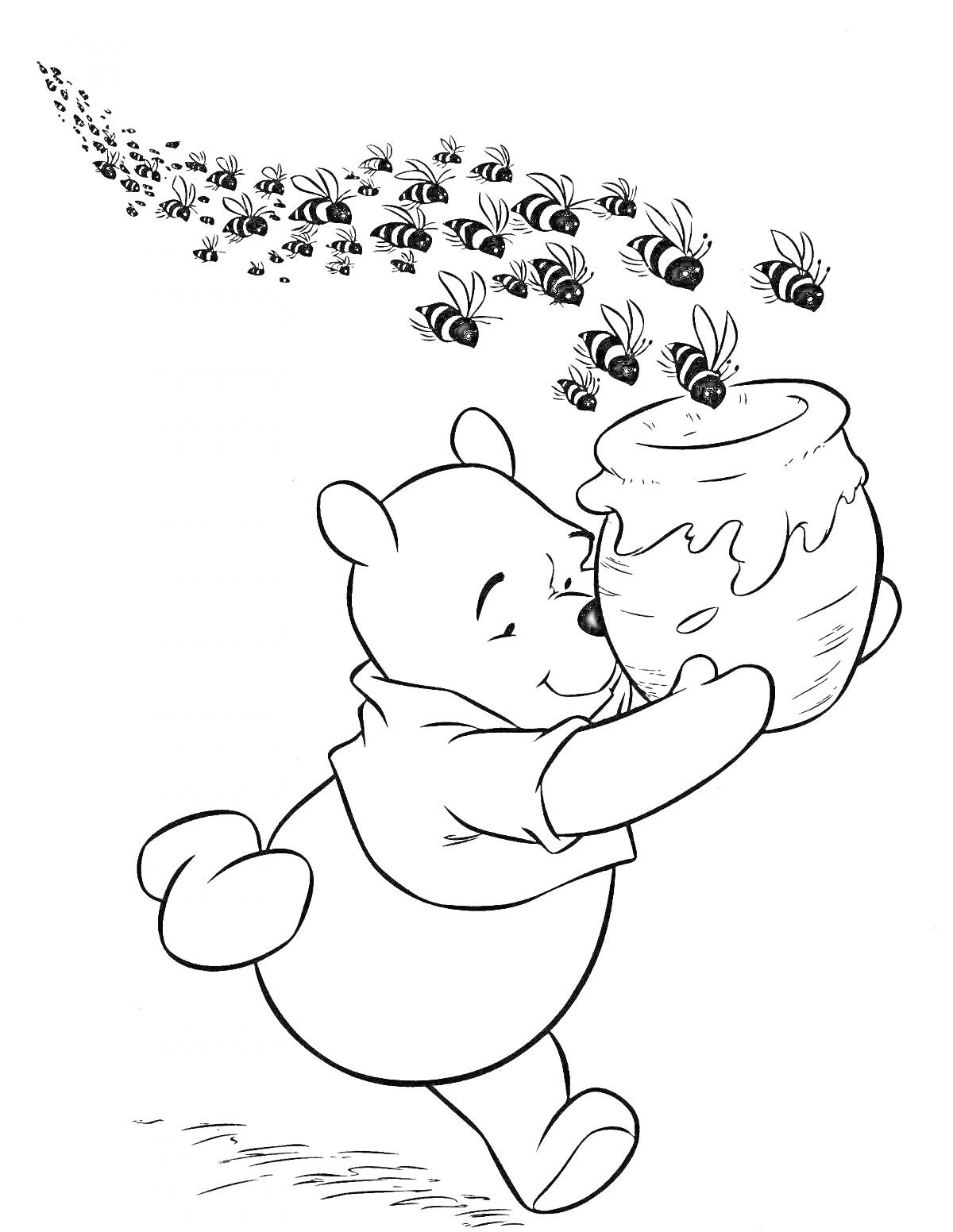 На раскраске изображено: Винни-Пух, Мёд, Пчёлы, Из мультфильмов, Медведь, Горшки