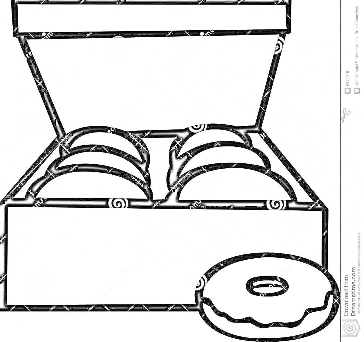 Раскраска Коробка с пончиками, один пончик снаружи
