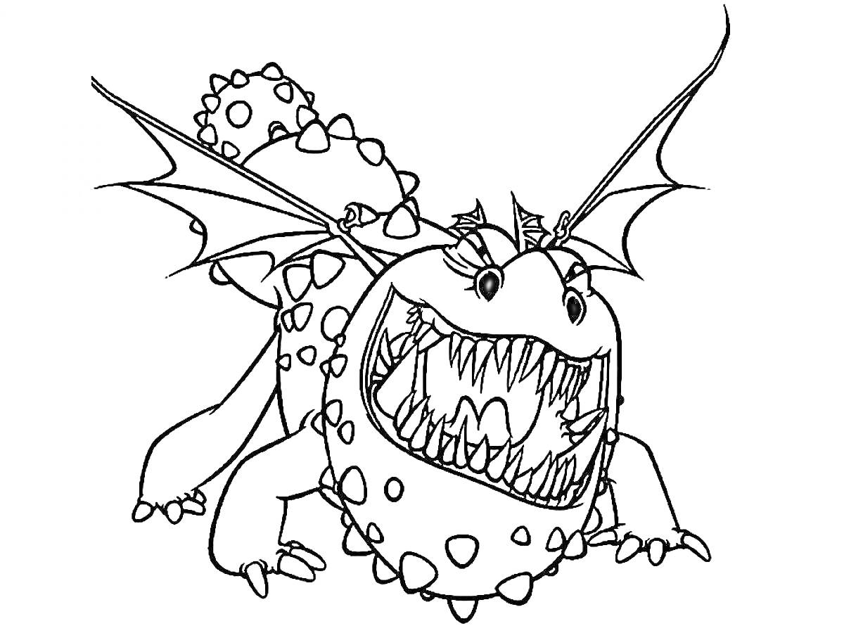 Раскраска Дракон с большими зубами, крыльями и шипами на спине, открытая пасть