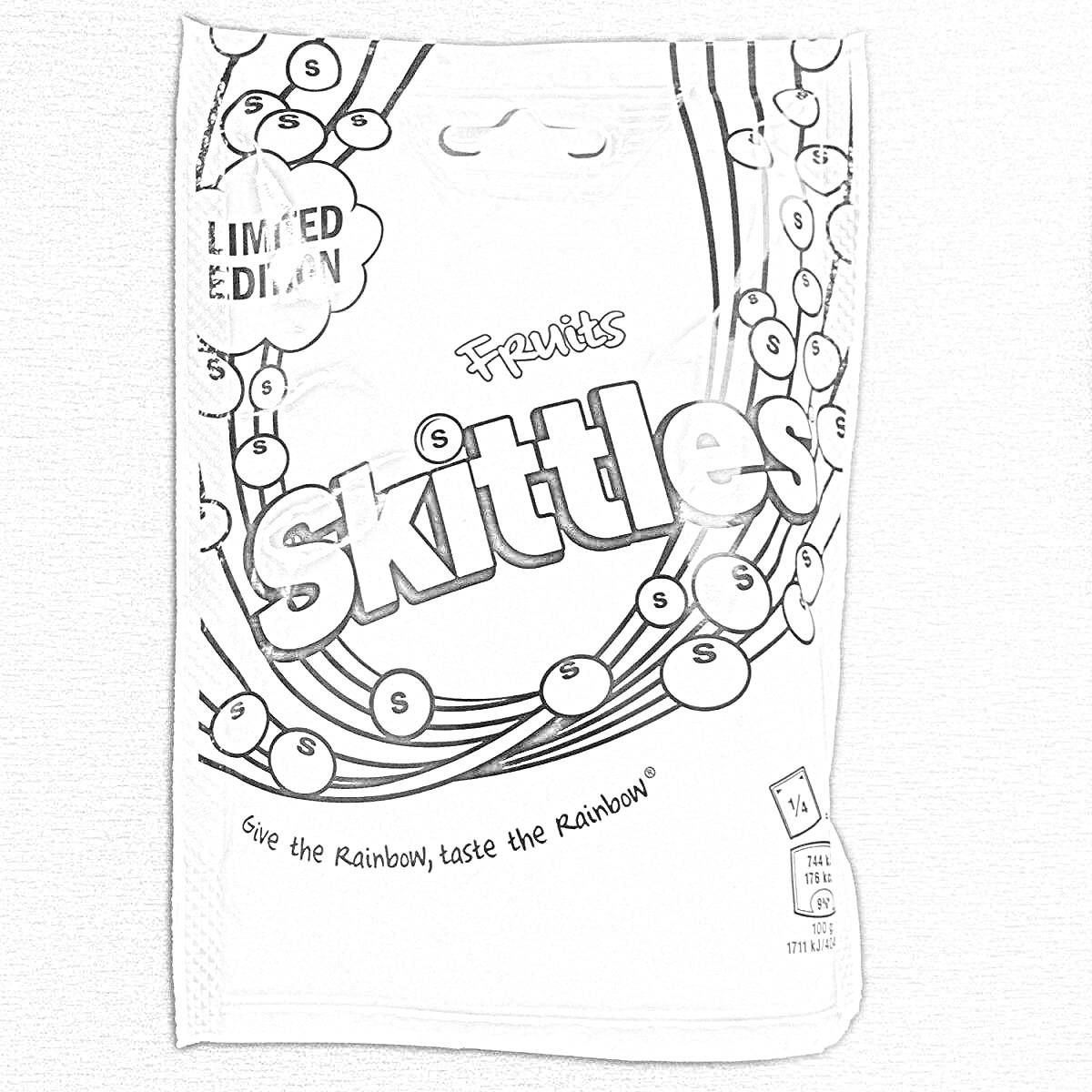 Раскраска Пакетик с конфетами Skittles, надпись «LIMITED EDITION» в левом верхнем углу, радужные линии с шариками вокруг, надпись 