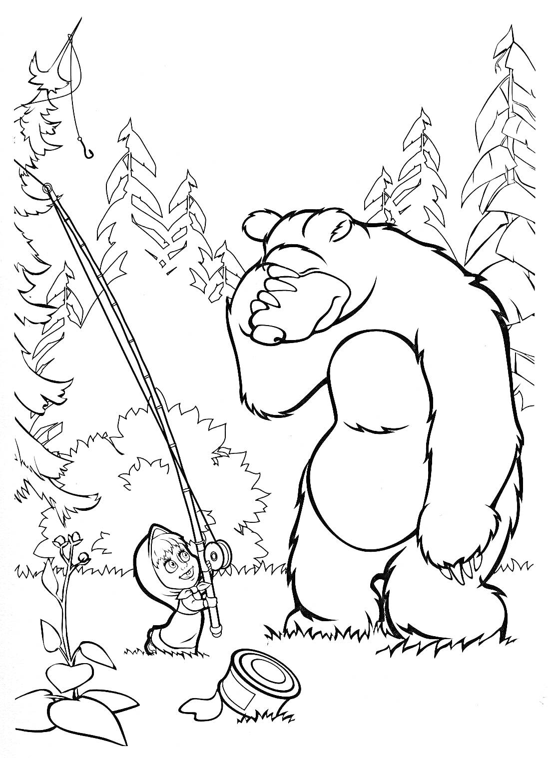 Раскраска Медведь и девочка с удочкой в лесу