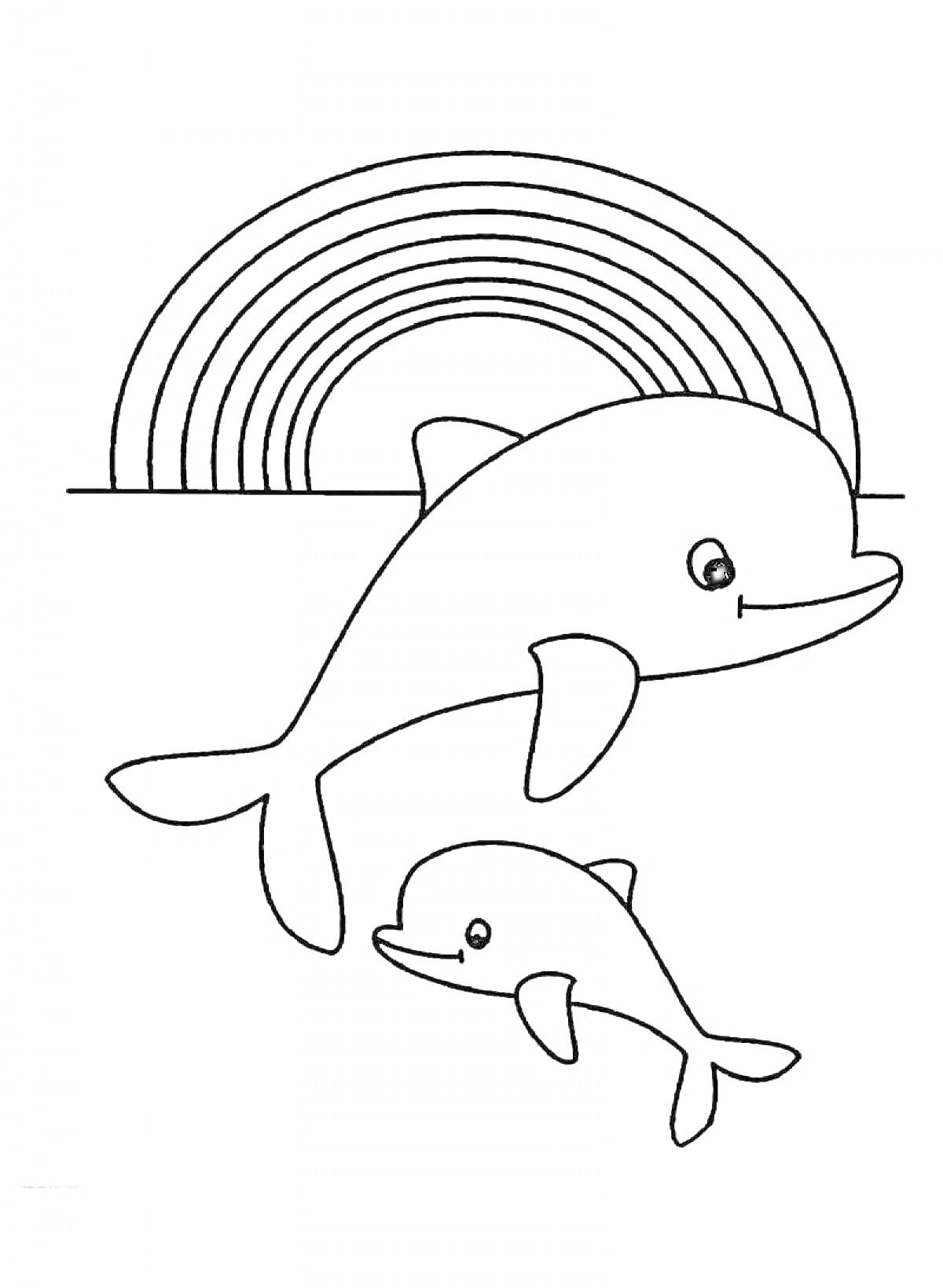 На раскраске изображено: Подводный мир, Для детей, Животные, Дельфины, Океаны, Радуги, Морские животные