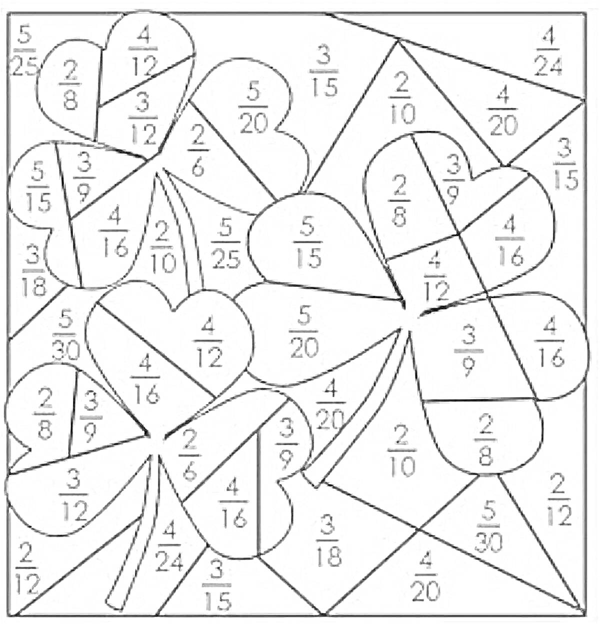 На раскраске изображено: Дроби, Математика, Числа, Сегменты, Сердца, Листья