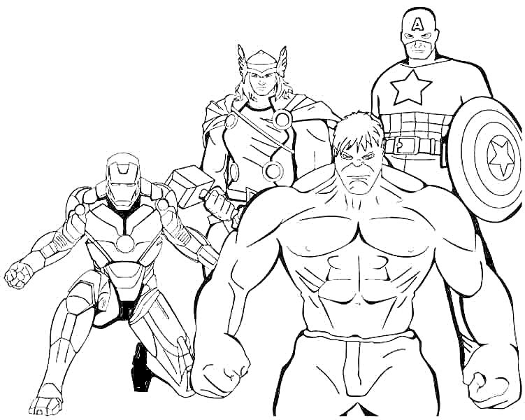 Раскраска Четыре супергероя: один в металлическом костюме, второй с молотом и в шлеме с крыльями, третий в маске с буквой 'А' и щитом с звездой, четвертый очень мускулистый