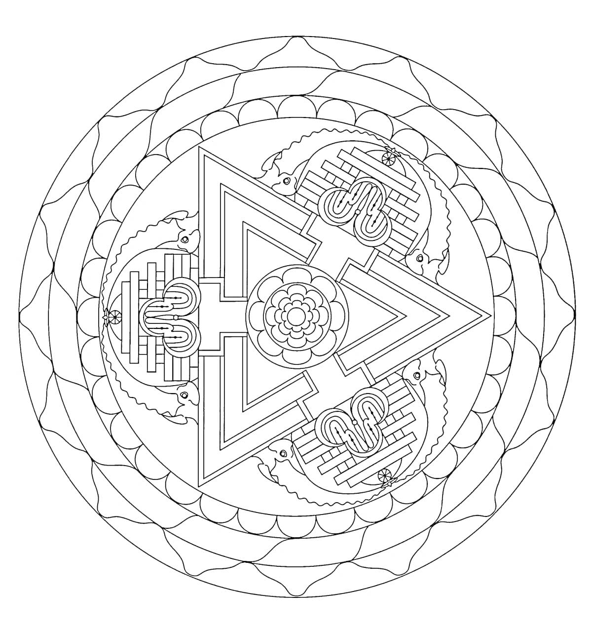 Раскраска Грамматическая мандала с цветком, стрелками и круговой каймой