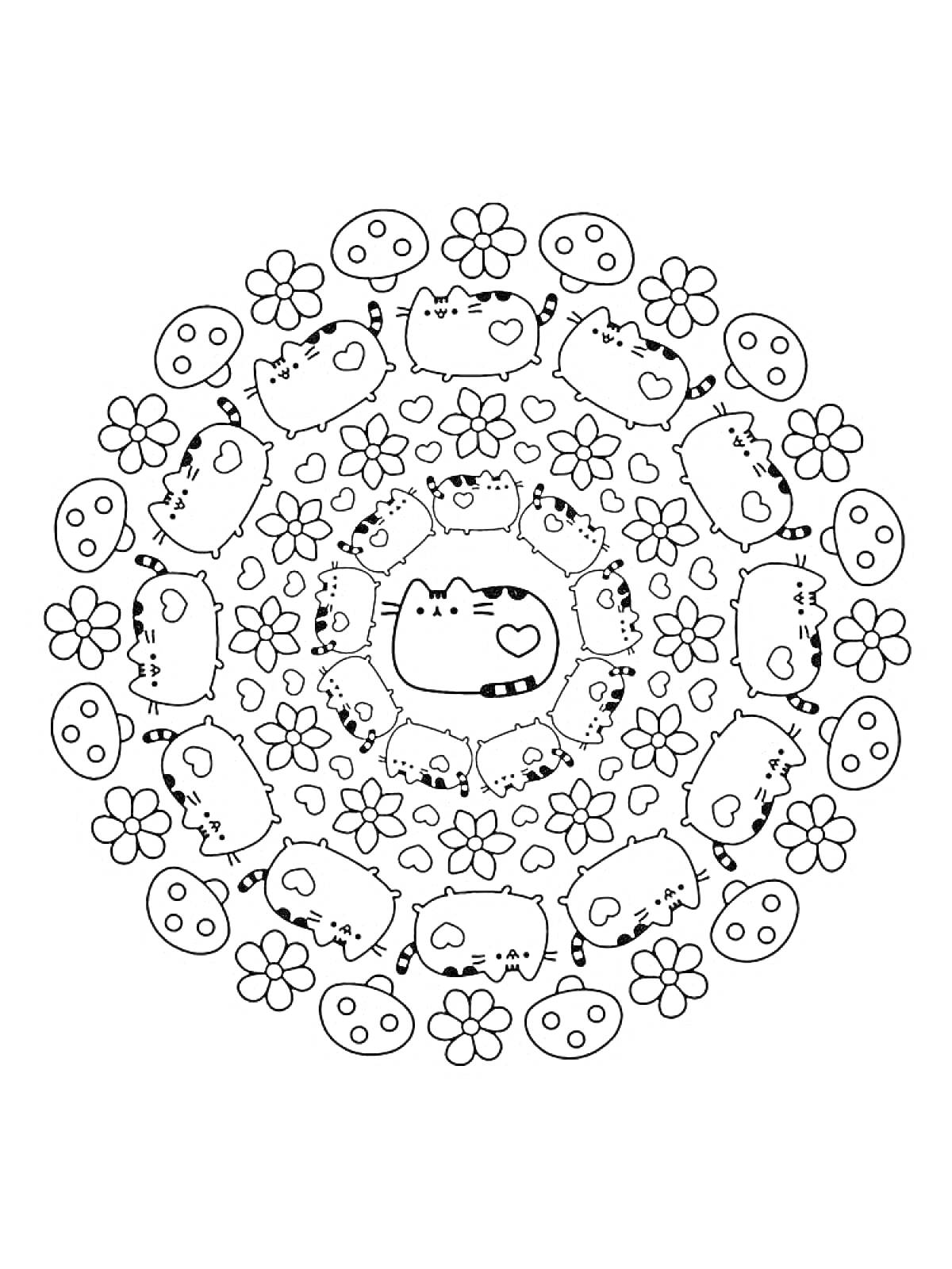 Раскраска Круглая раскраска с котом Пушином, цветами и яблоками