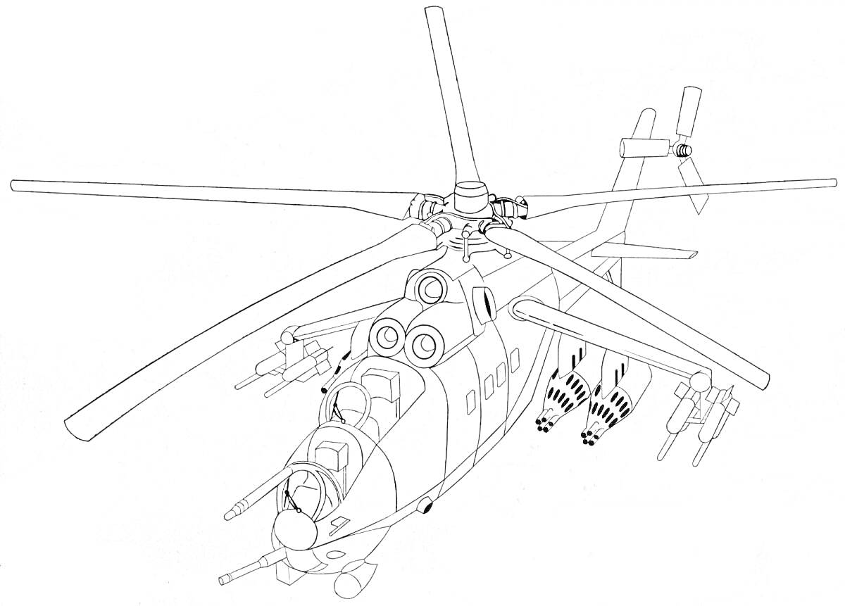 Раскраска Вертолет Ми-24 с ракетами и пушками, вид сбоку и сверху