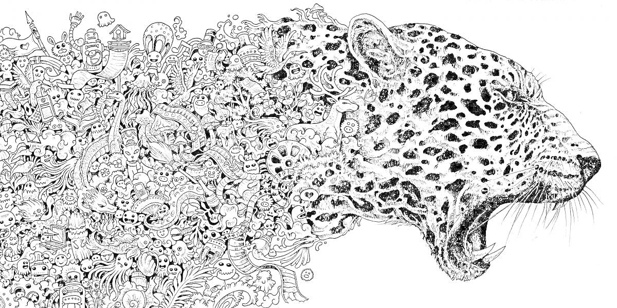 Раскраска Леопард, переходящий в множество сложных элементов, включая цветы, лица, листья, узоры