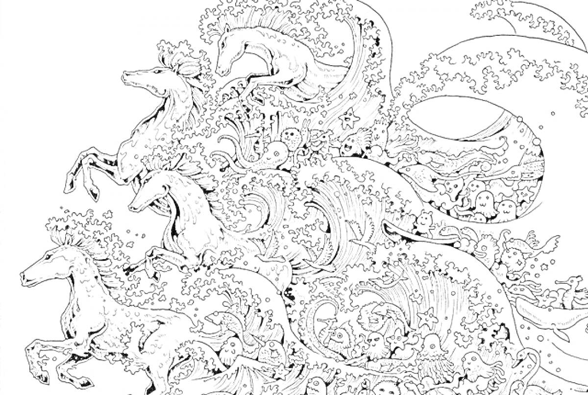 Раскраска Лошади и фантастические существа в волнах