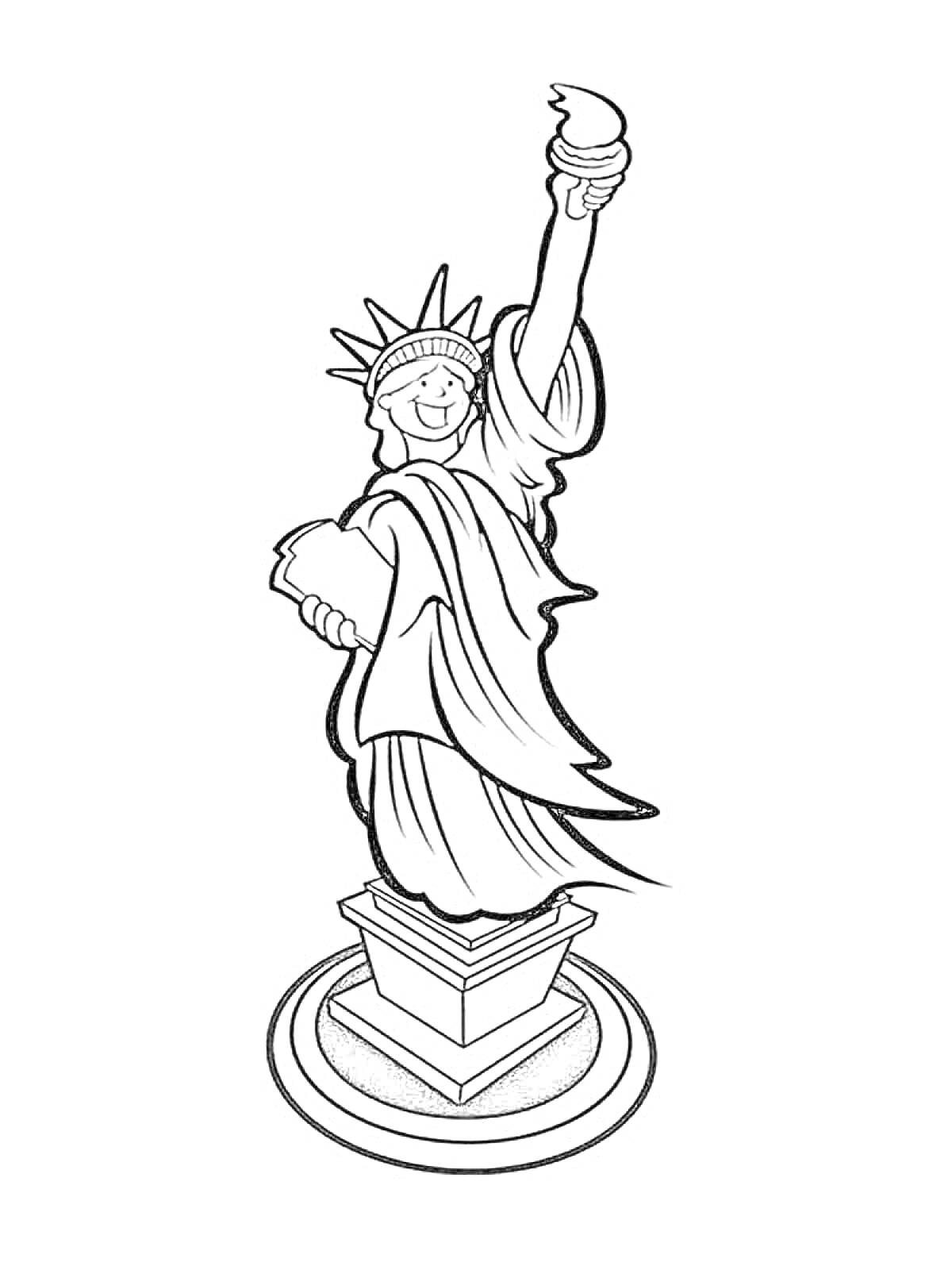На раскраске изображено: Статуя Свободы, Факел, Книга, Пьедестал, США, Нью-Йорк