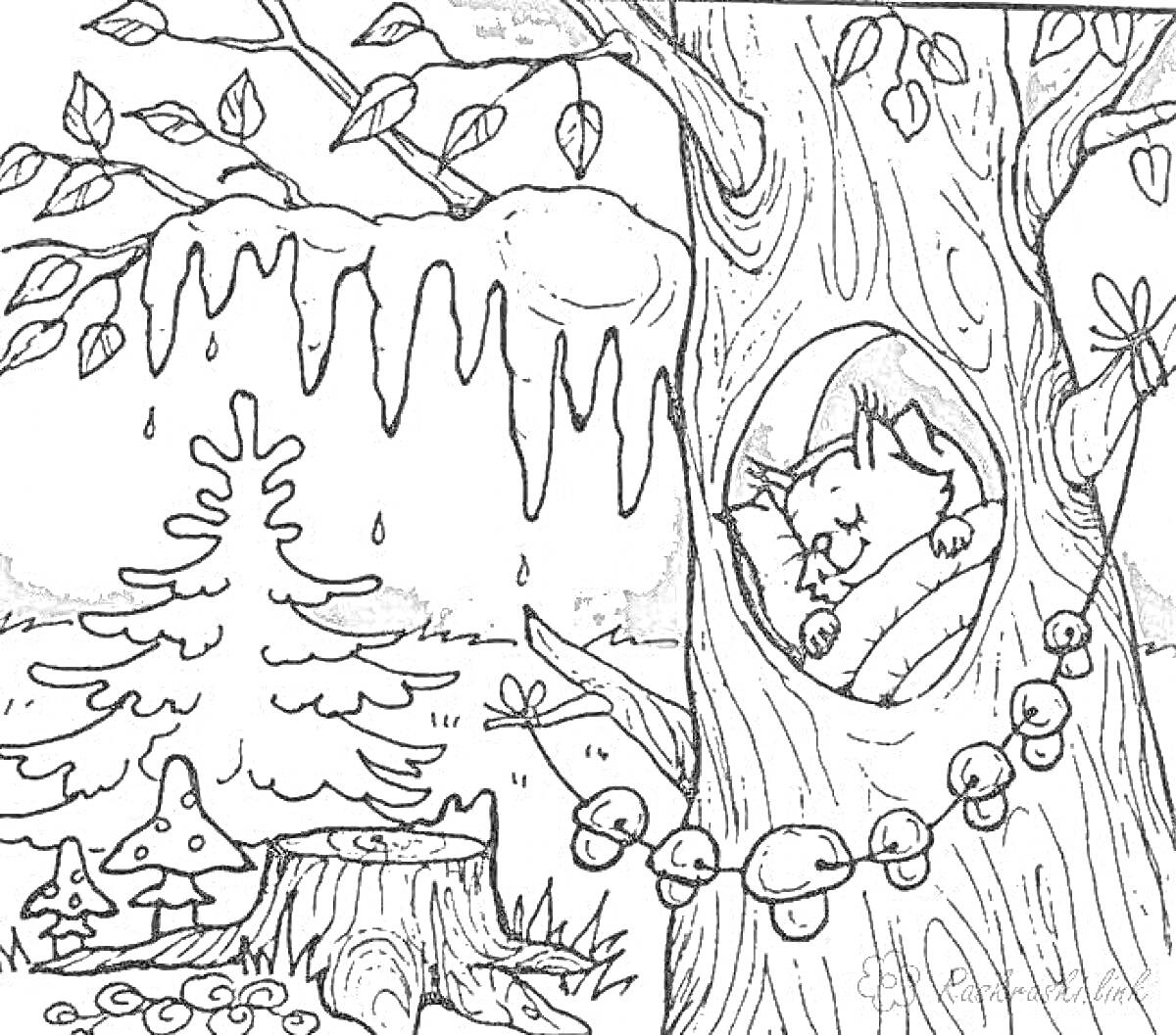 Раскраска Зимовка животных: спящая белка в дупле, дерево с сосульками, ёлка, пень с грибами