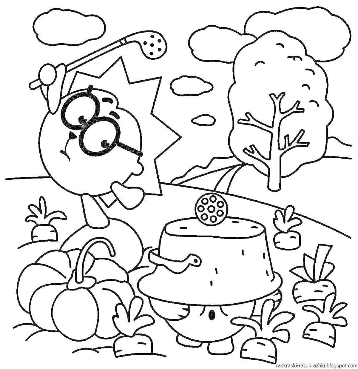 На раскраске изображено: Огород, Лейка, Тыква, Морковь, Деревья, Для детей
