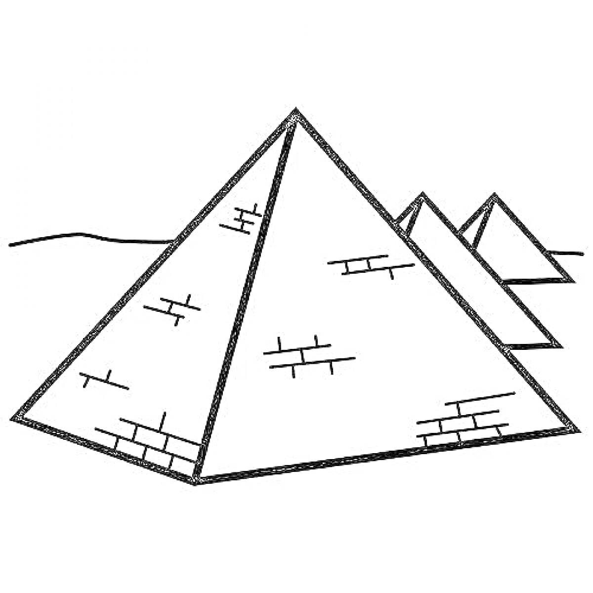 На раскраске изображено: Пирамида, Иероглифы, Линия горизонта, Египет, Архитектура