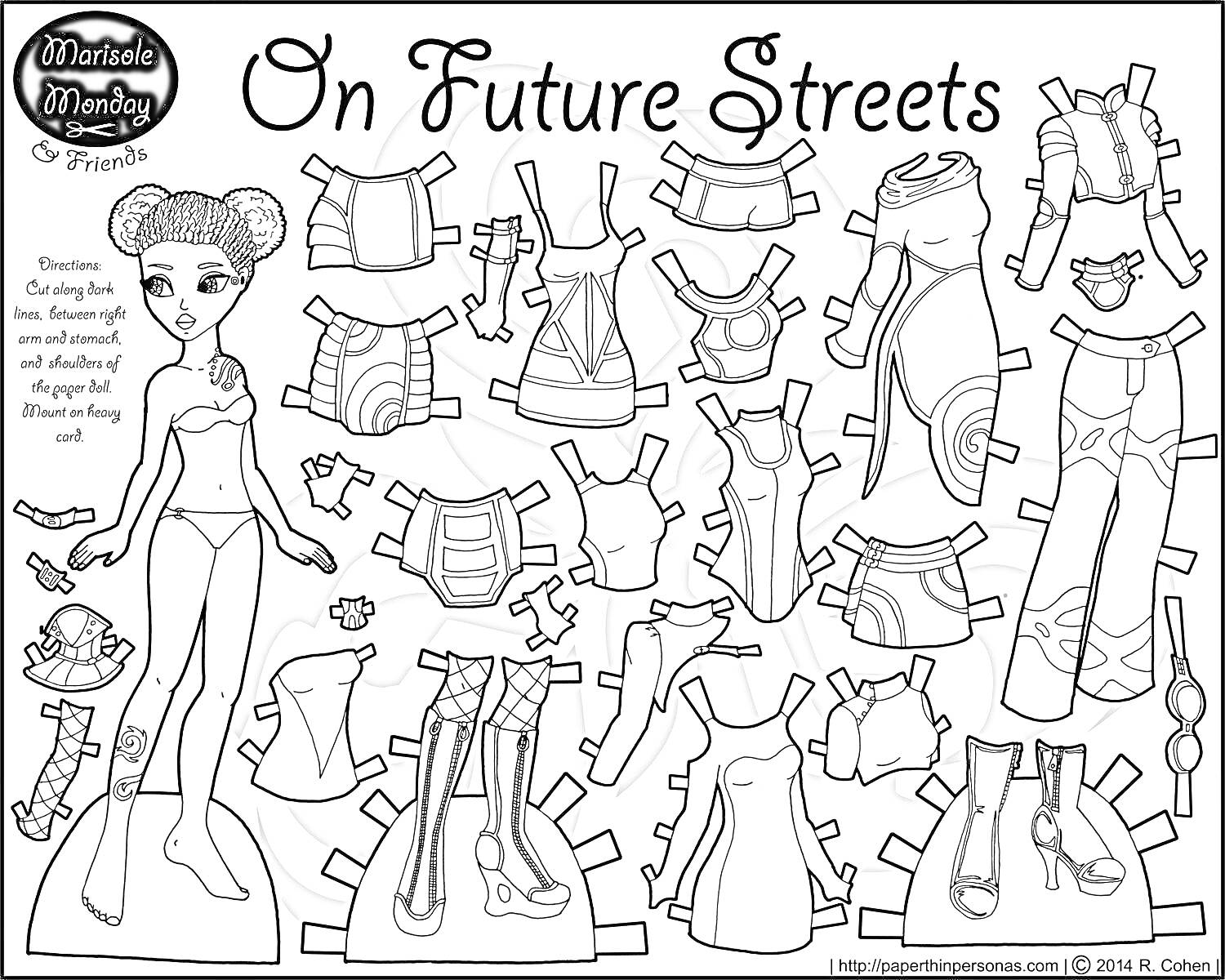 Раскраска На будущих улицах - кукла и одежда (платья, костюмы, сапоги, аксессуары)