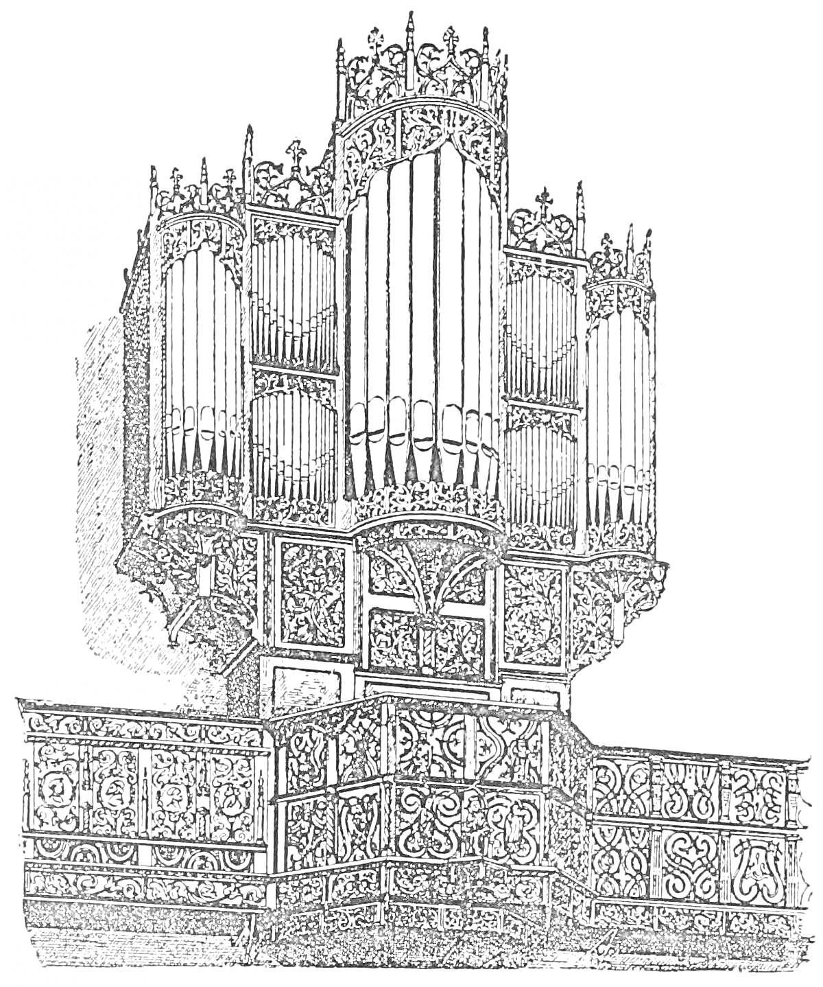Орган с резными декоративными элементами и трубами