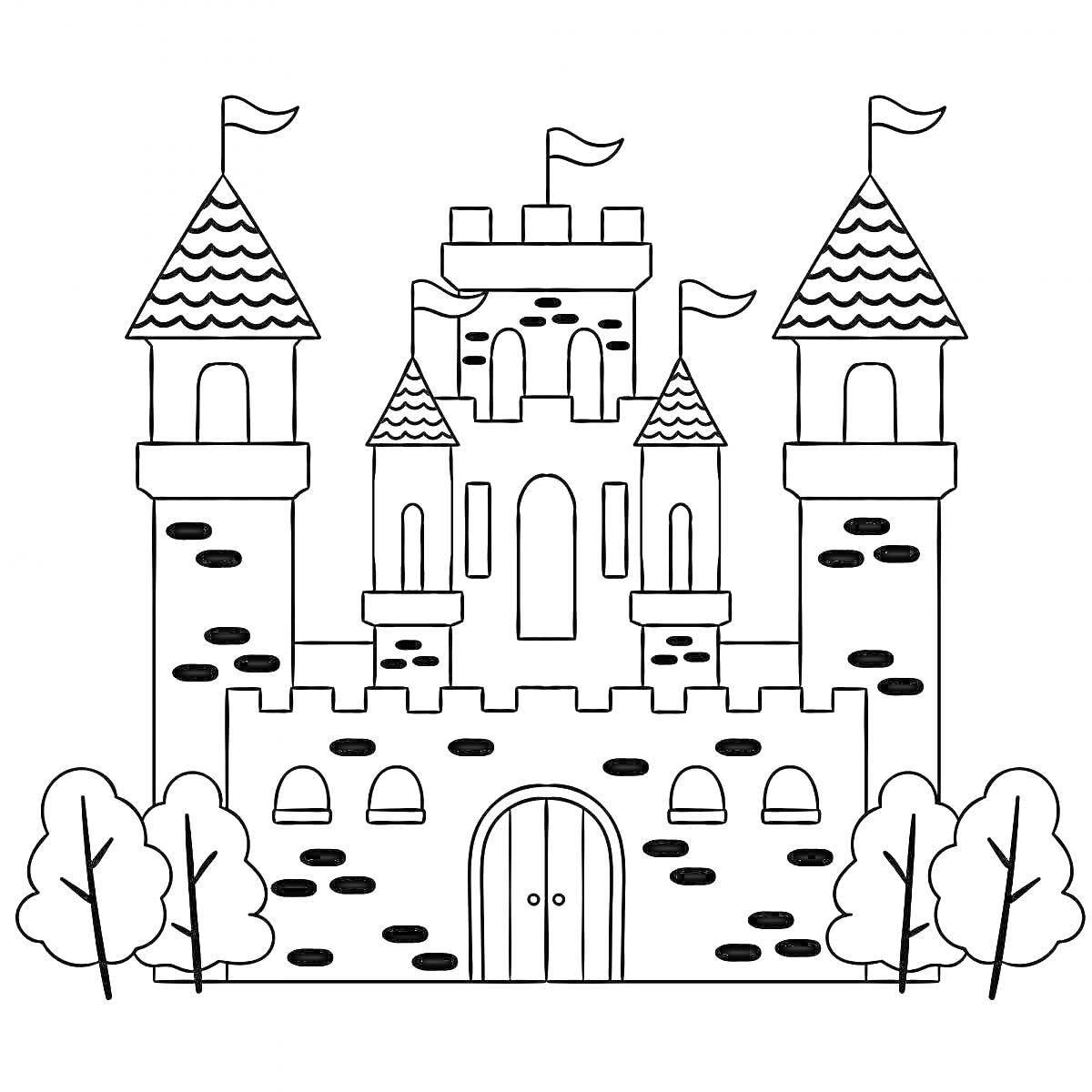 На раскраске изображено: Дворец, Замок, Башни, Арочный вход, Деревья