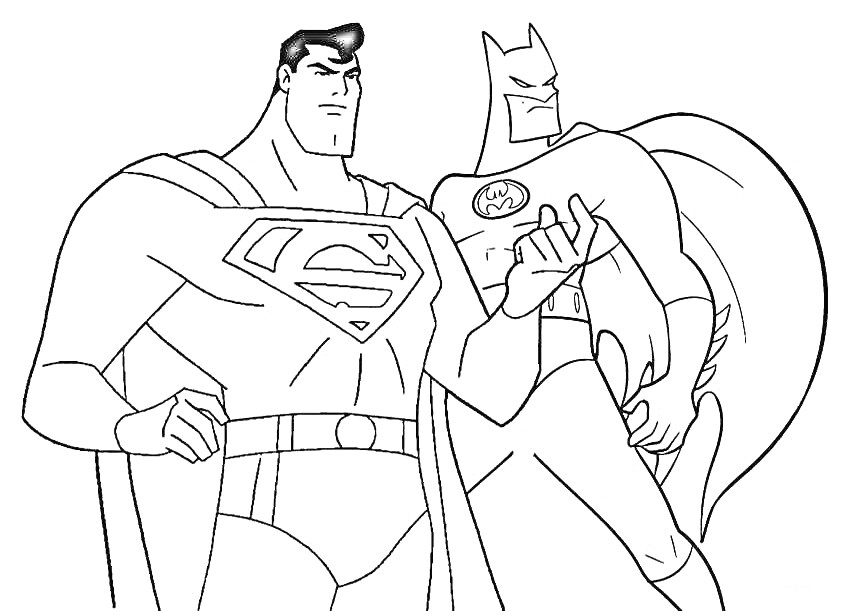Раскраска Superman и Batman вместе стоят в позе готовности