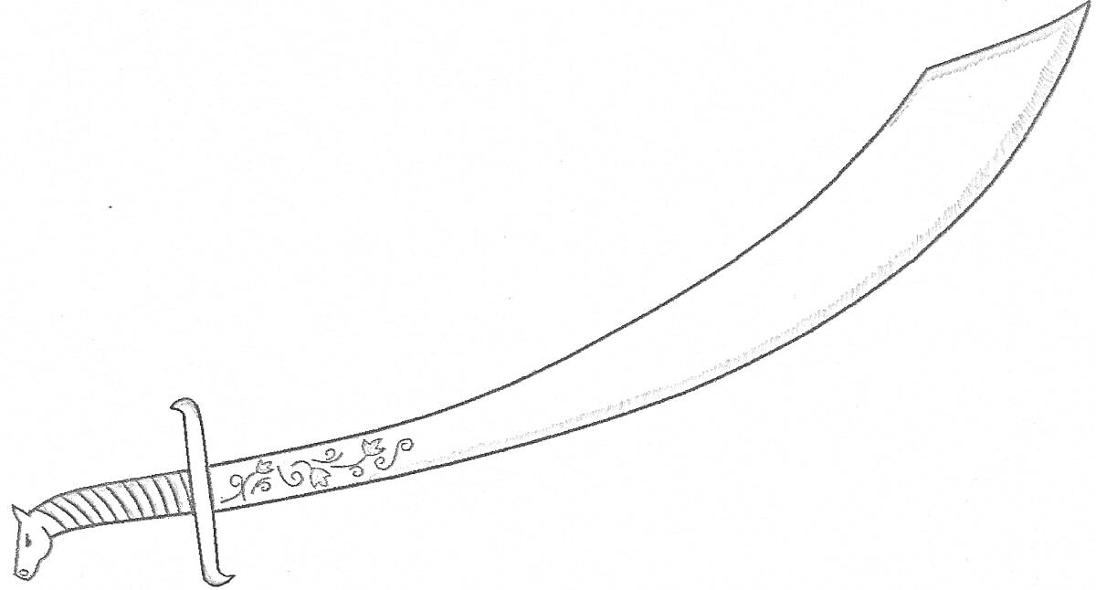 Раскраска Сабля с изогнутым лезвием и декоративными элементами на рукоятке
