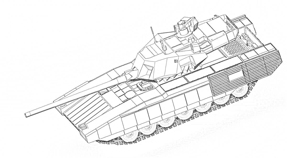 Раскраска Танк Т-14 Армата с длинным орудием, корпусом с броней, гусеничным ходом и башней с различными элементами