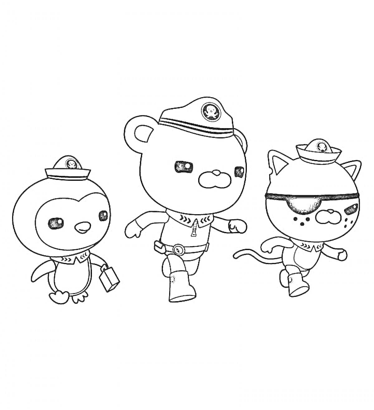 Раскраска три персонажа октонафтов: пингвин, медведь и кошка с повязкой на глазу, бегущие вперёд