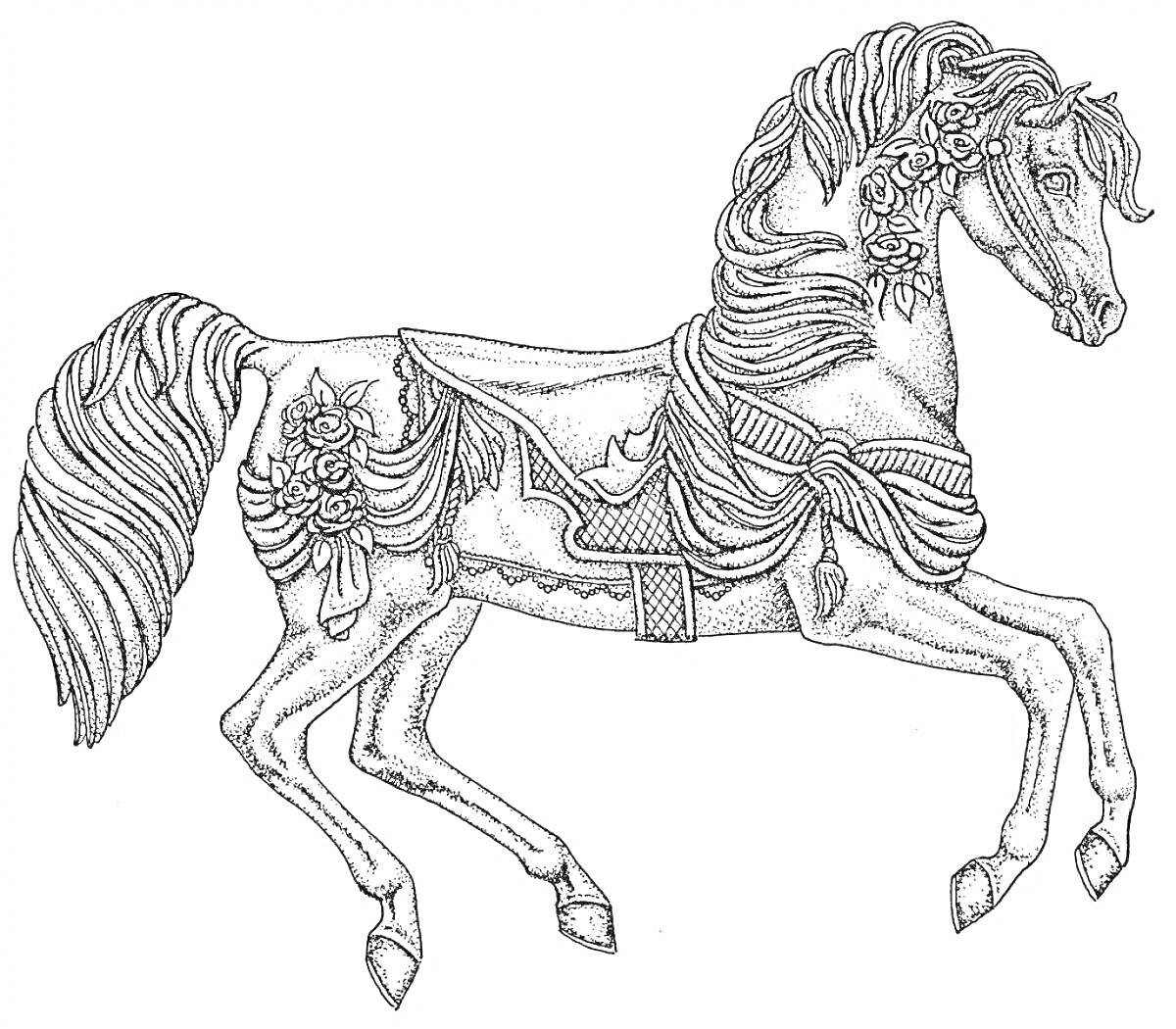 Раскраска Сложная раскраска лошади с текстурными деталями, украшениями и узорами, грива и хвост с завитками, декоративная сбруя с цветами