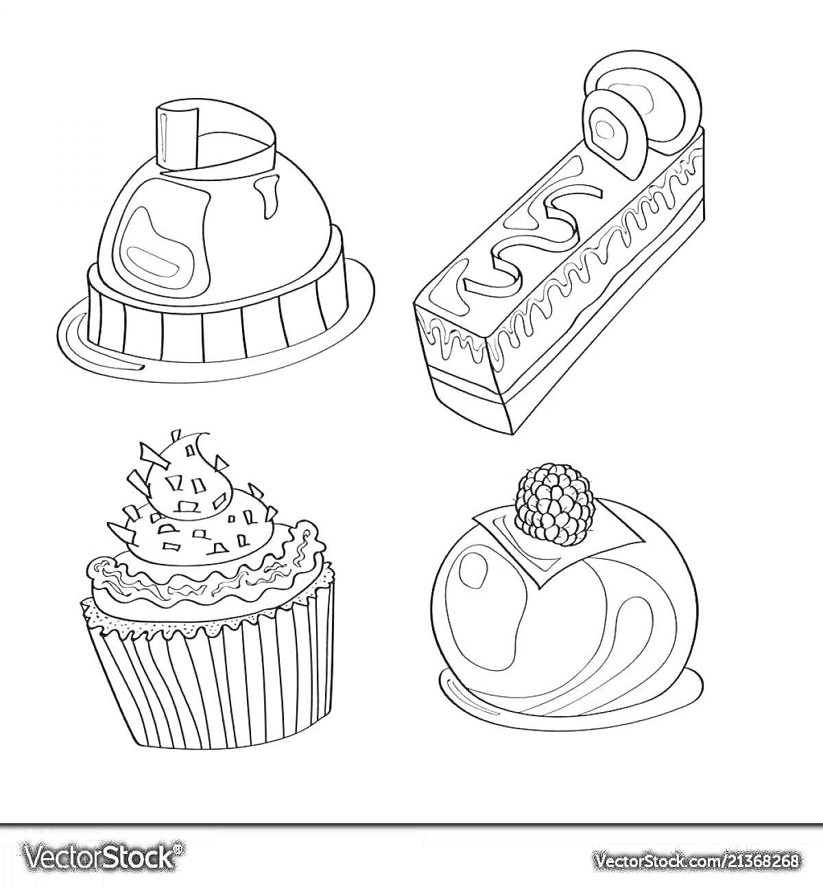 Раскраска Набор десертов, состоящий из куполообразного пирожного с верхушкой, прямоугольного эклера с полосатым узором, кекса с кремом и круглого пирожного с ягодой сверху.