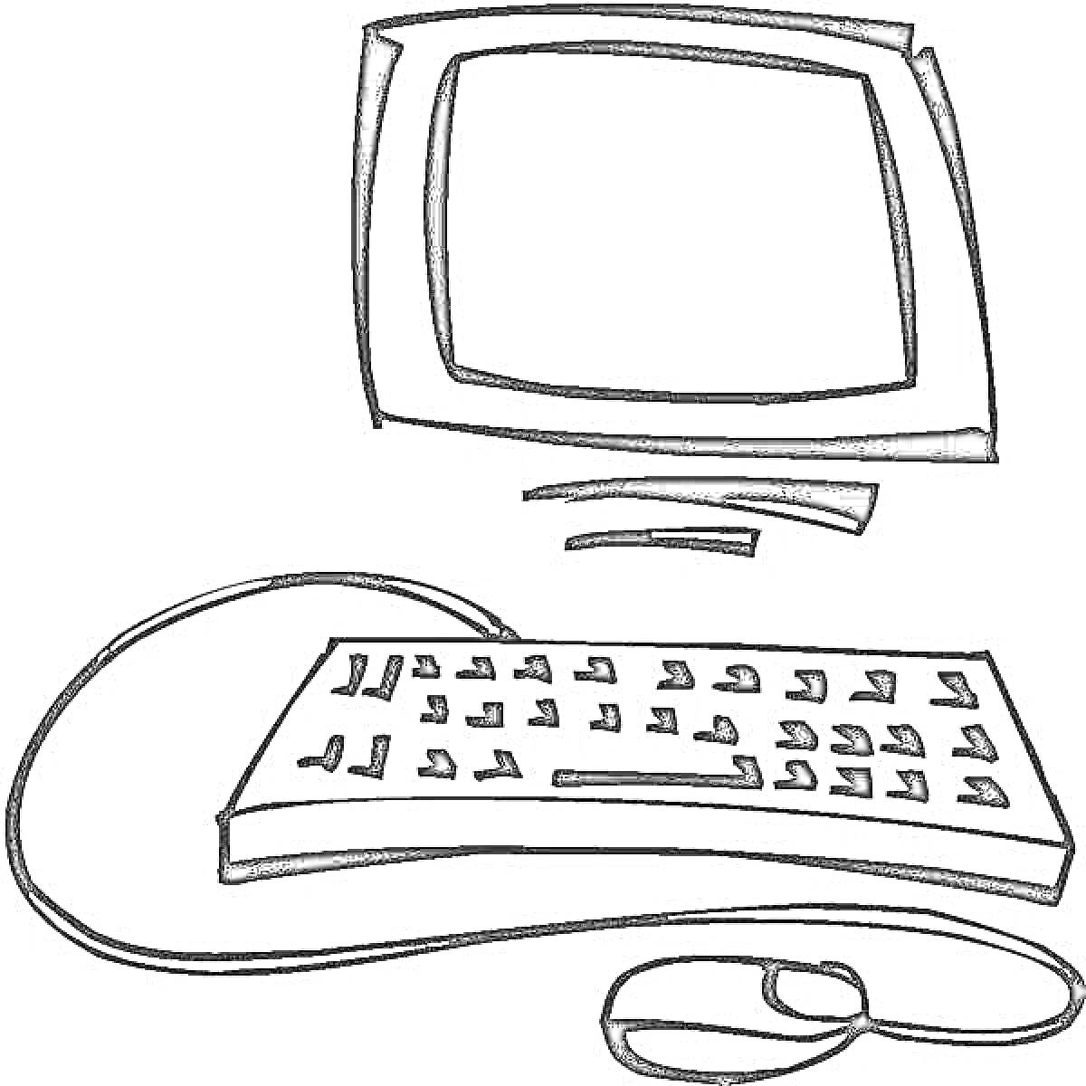 Раскраска компьютер с монитором, клавиатурой и мышью