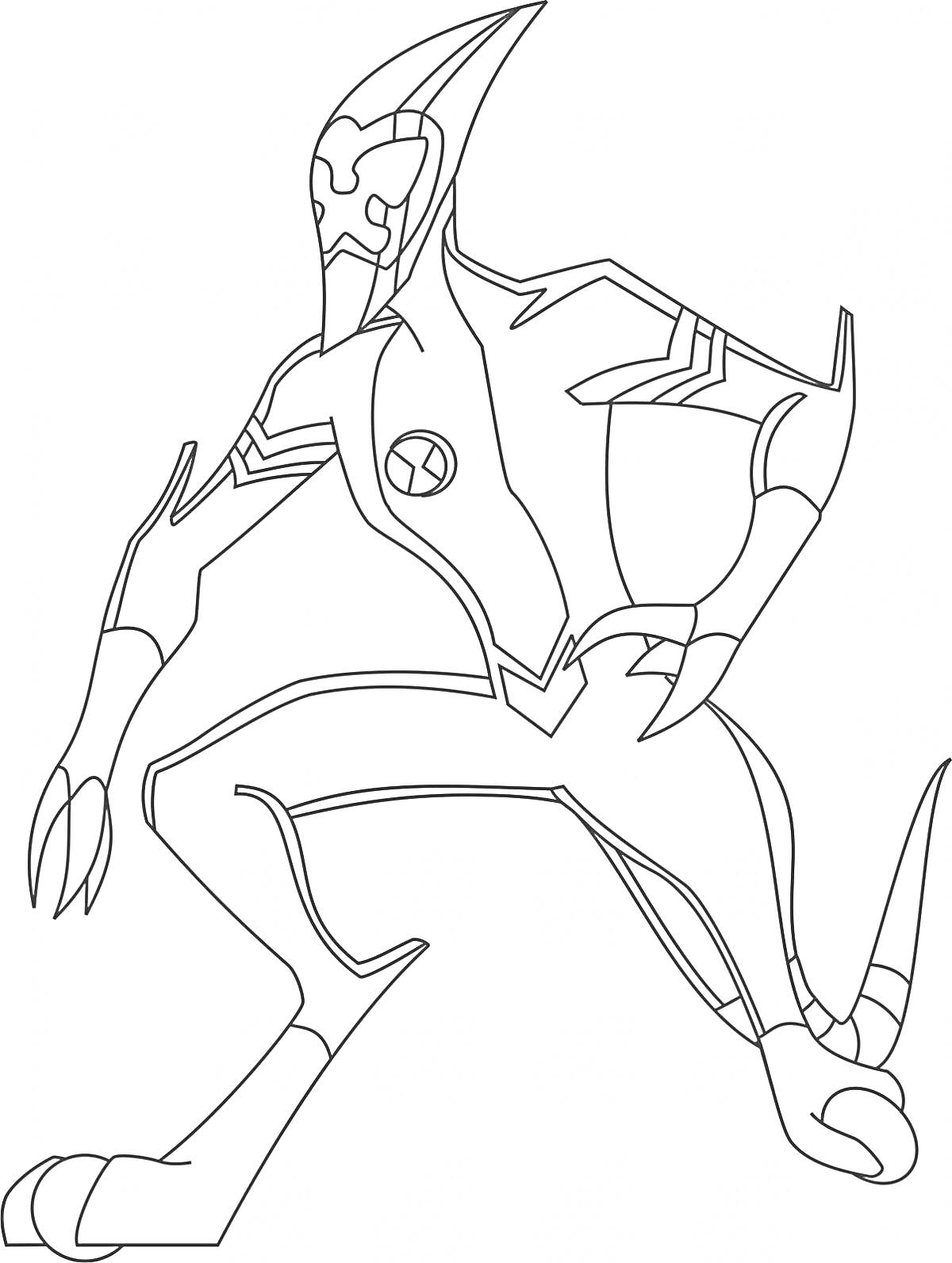 Раскраска Человекоподобный инопланетянин в костюме с логотипом Бен 10, стоящий на одном колене и согнувший другую ногу, с вытянутыми к когтями руками и заостренной головой