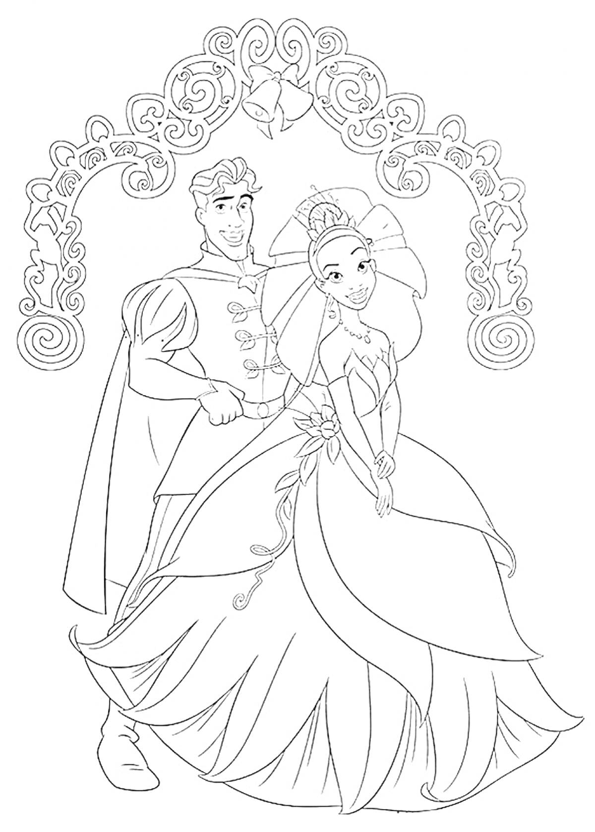 Раскраска Принц и принцесса под аркой с узорами и лягушкой