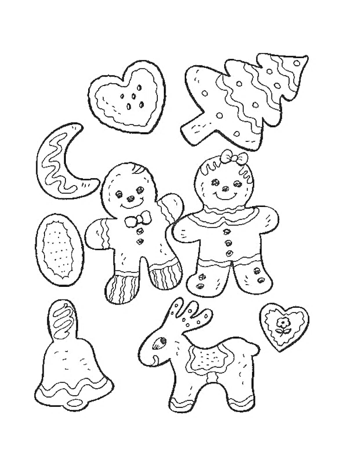 На раскраске изображено: Печенье, Полумесяц, Колокольчик, Олень