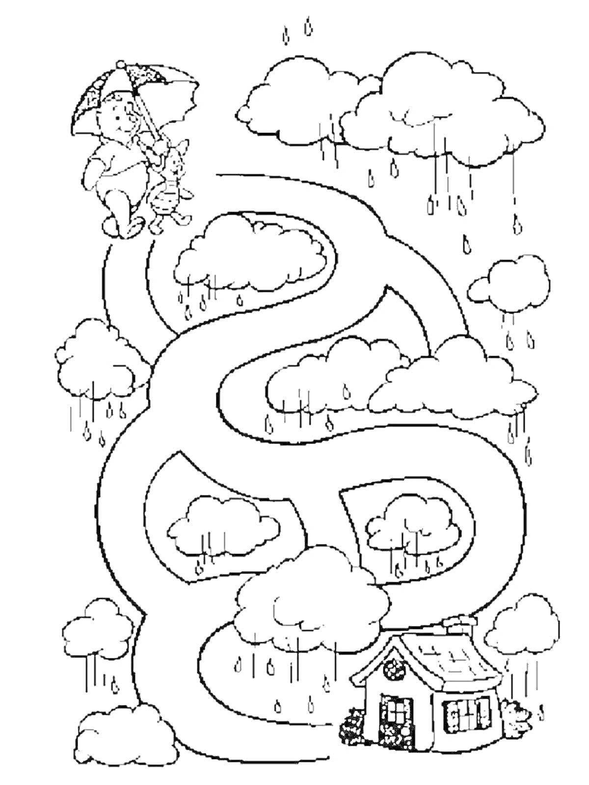 На раскраске изображено: Лабиринт, Дождь, Зонт, Облака, Домик, Капли, Медведь