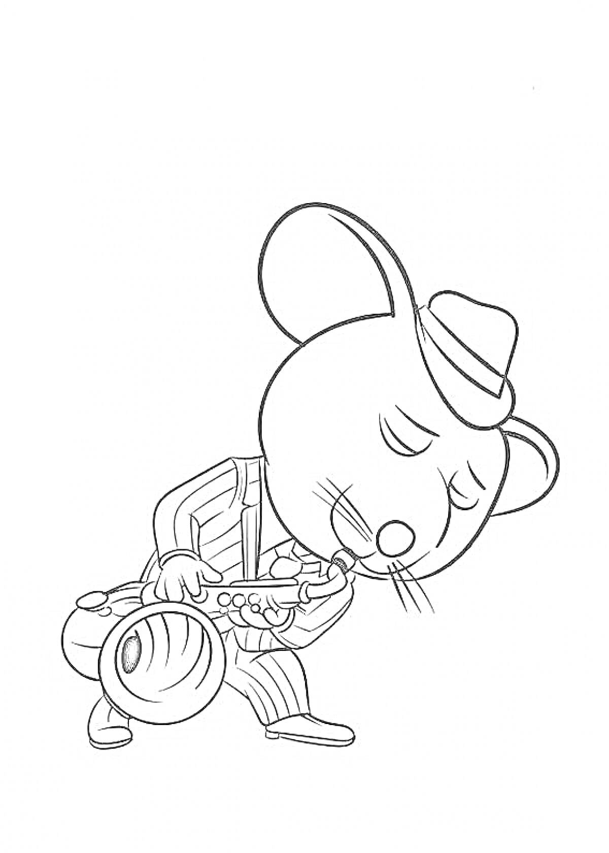 Мышь в шляпе, играющая на саксофоне в полосатом костюме