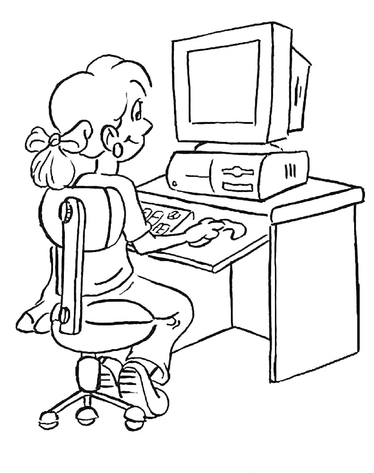 На раскраске изображено: Девочка, Компьютер, Монитор, Системный блок, Клавиатура, Рабочий стол, Стул, Офис, Техника, Работа, Учеба